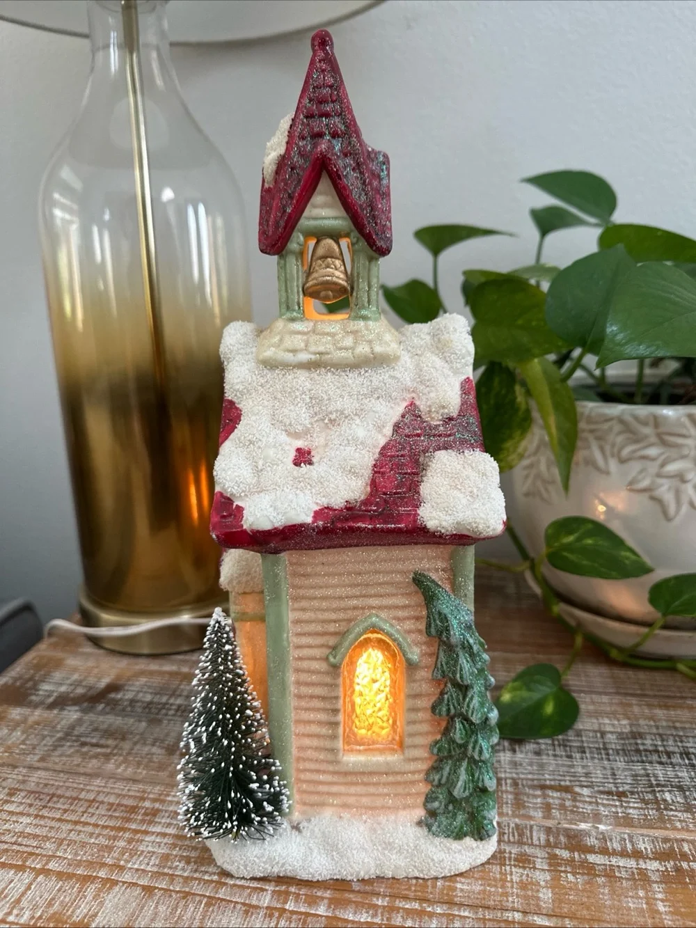 Vintage Ceramic Lighted Christmas Church Building Red Roof with Snow Trees
